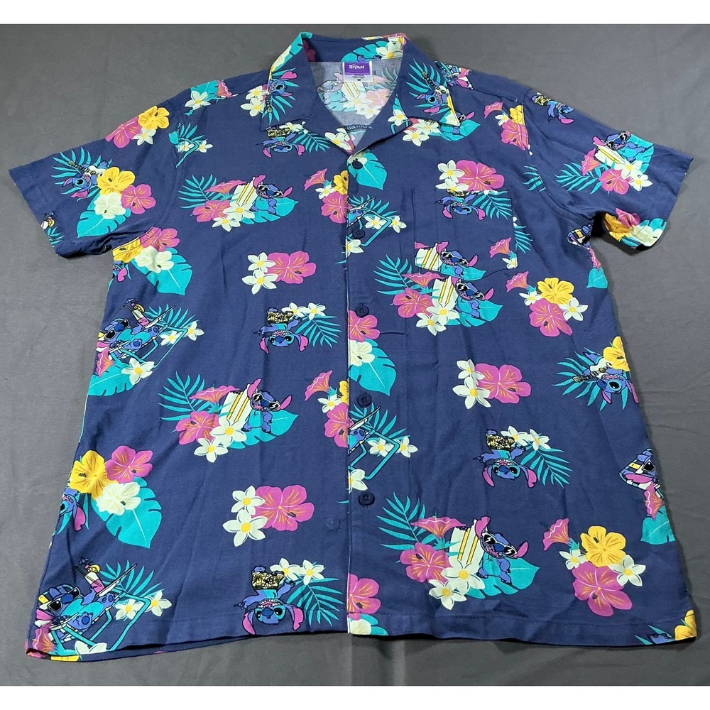 Disney Stitch Mens Medium Tropical Aloha Shirt Navy Blue Rayon NWT RN117508